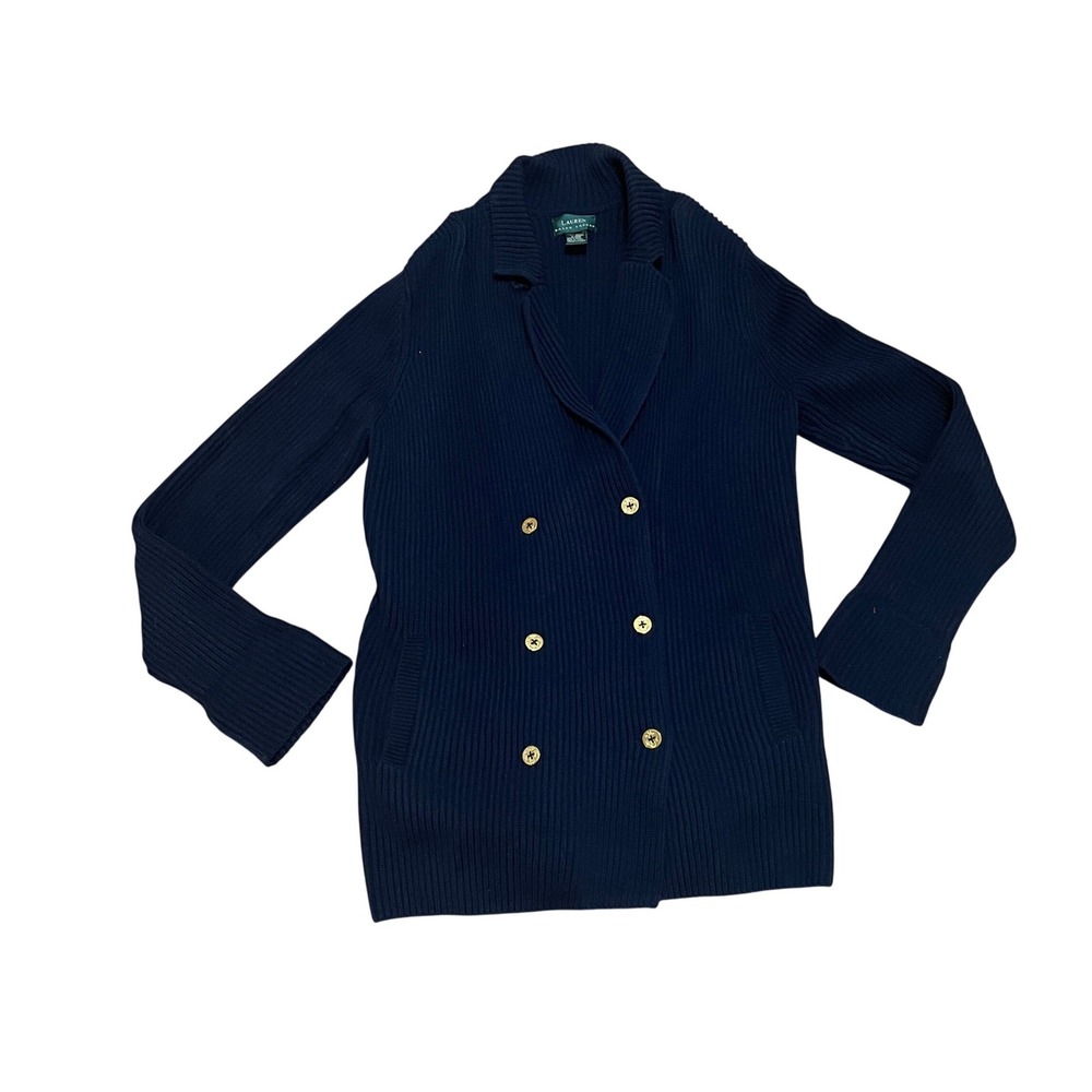 VTG Ralph Lauren Women M Navy Blue Ribbed Double Breasted Preppy Cardigan Blazer